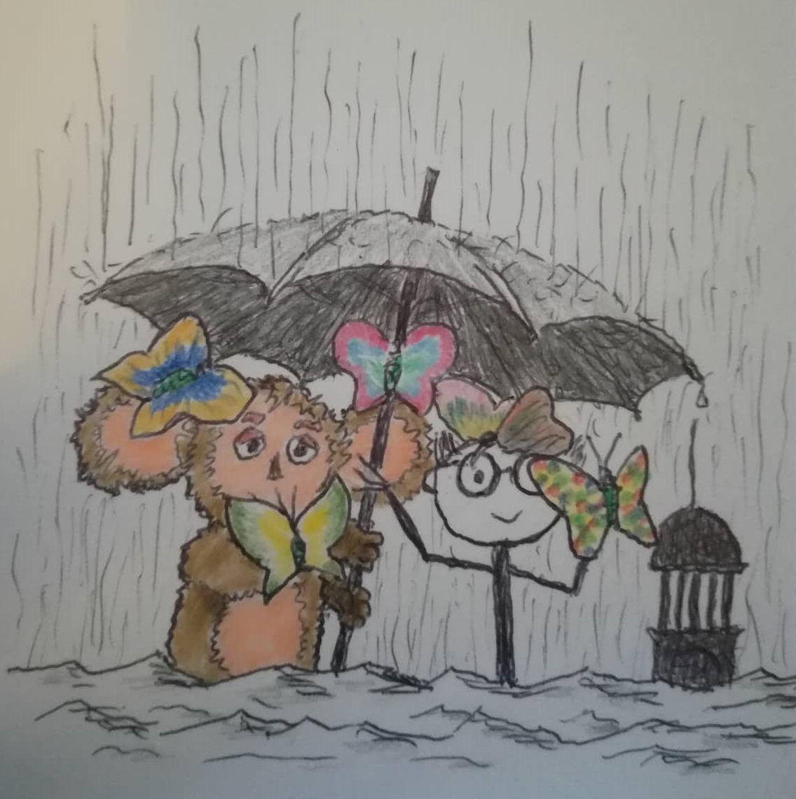 Cheburashka and Walter with Butterflies In The Rain in Hamburg Underwater by Walter Wehde in Germany